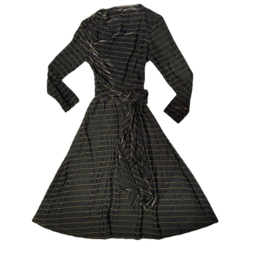 VINTAGE ILGWU 1970s Deadstock Metallic Black Gold Belted Disco Wrap Dress SMALL